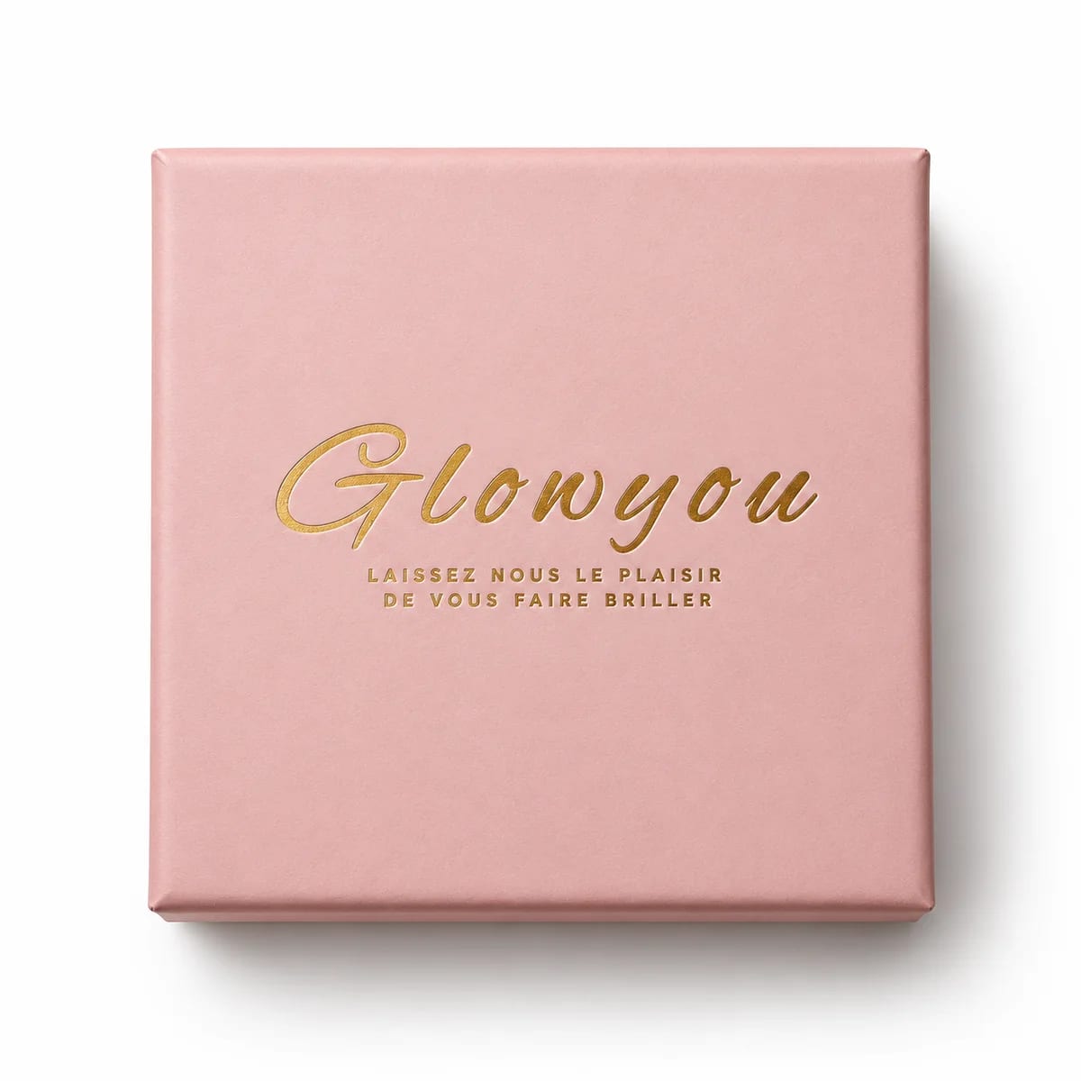 Coffret rigide rose Glowyou, logo en dorure or