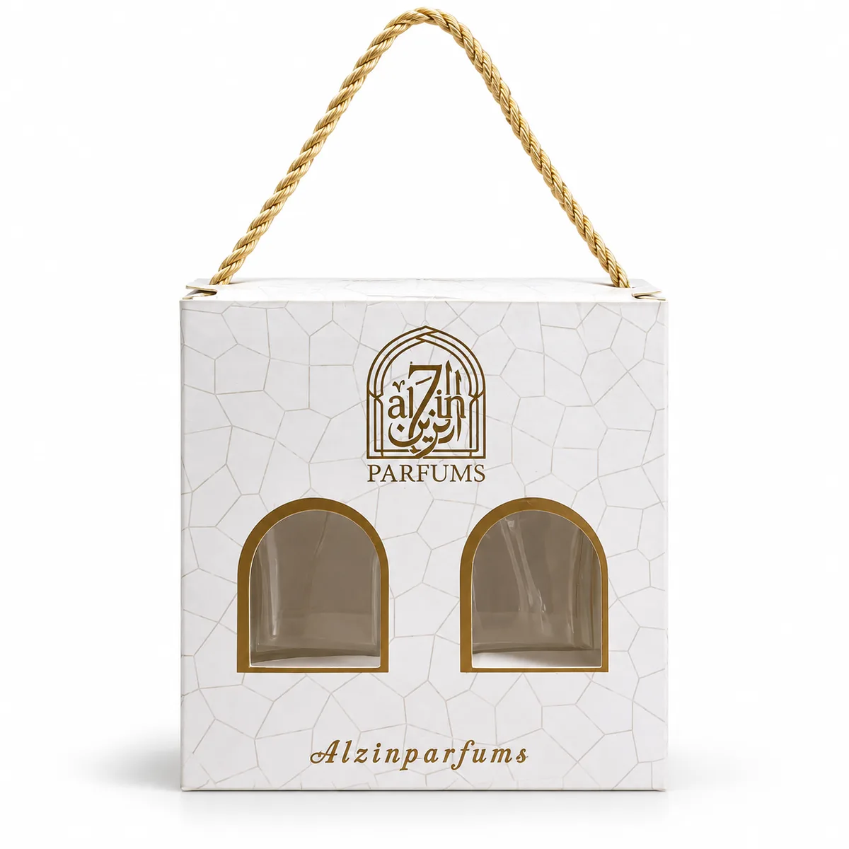 علبة Alzin Parfums بيضاء بنافذتين ذهبيتين