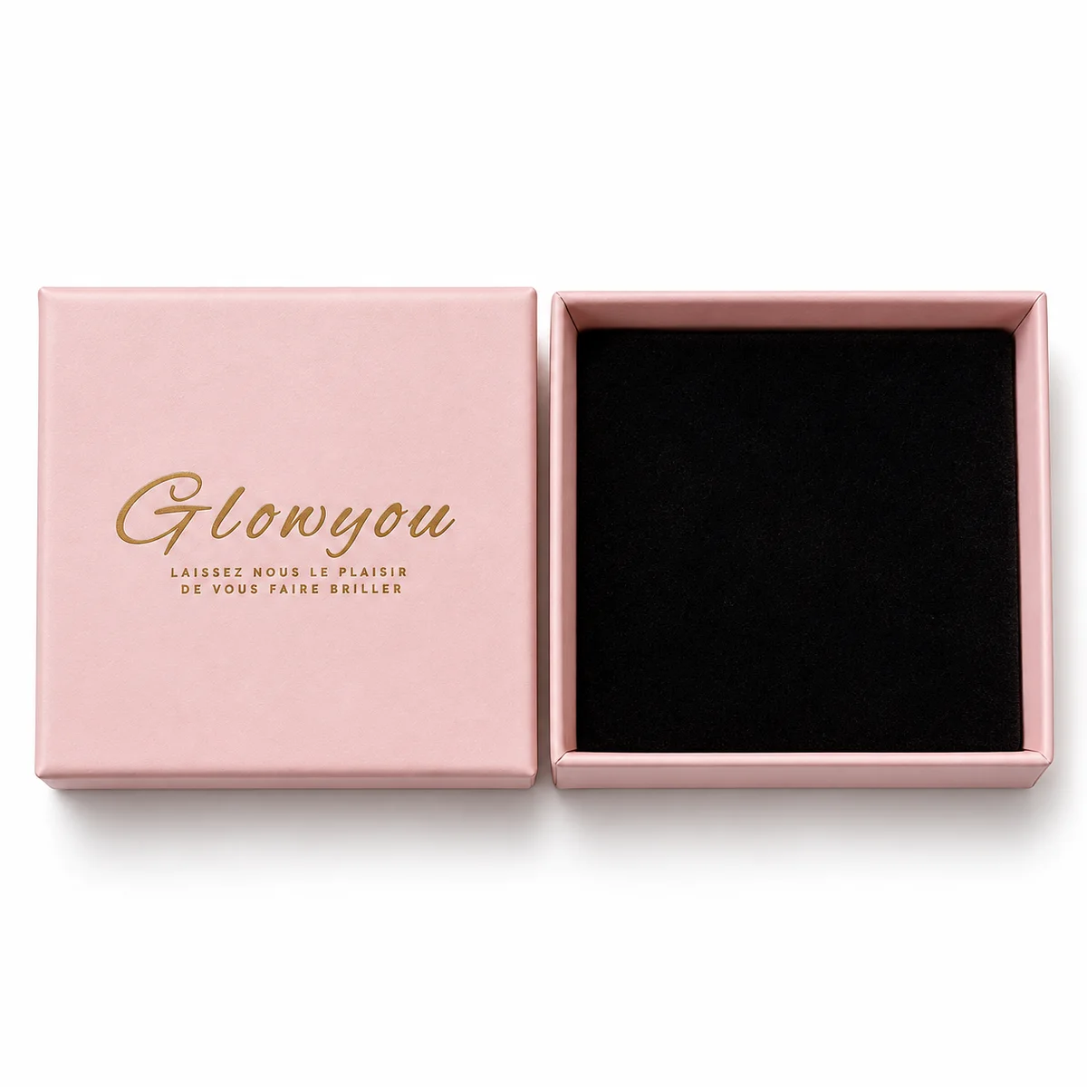 Coffret rigide rose et calage mousse, vue de face