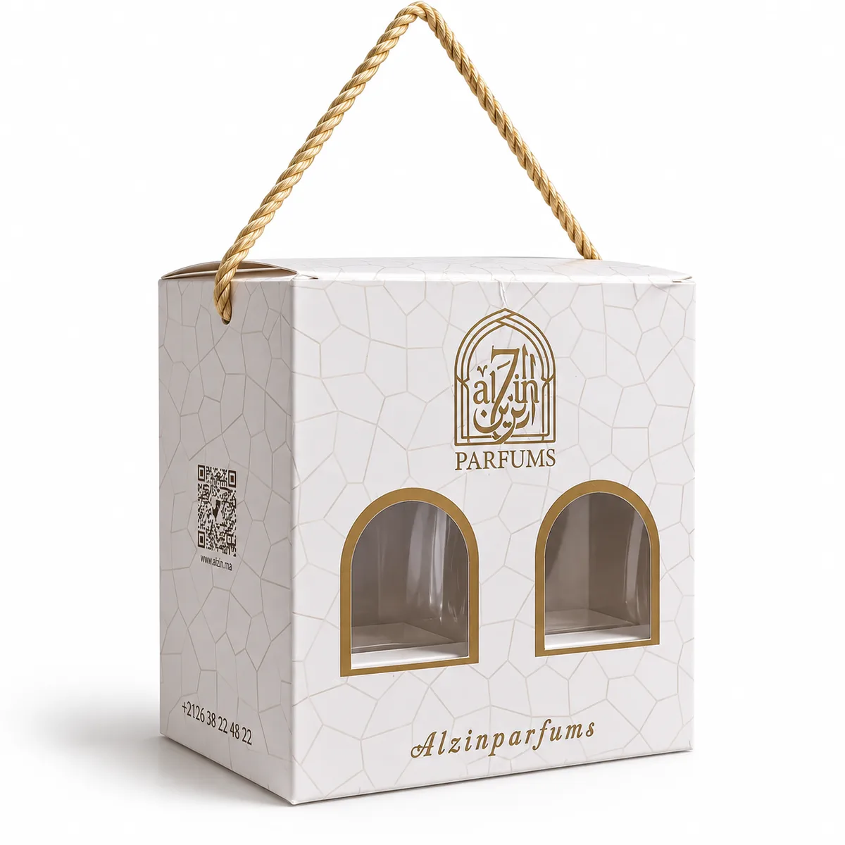 Coffret Alzin Parfums vu de trois quarts avec QR code